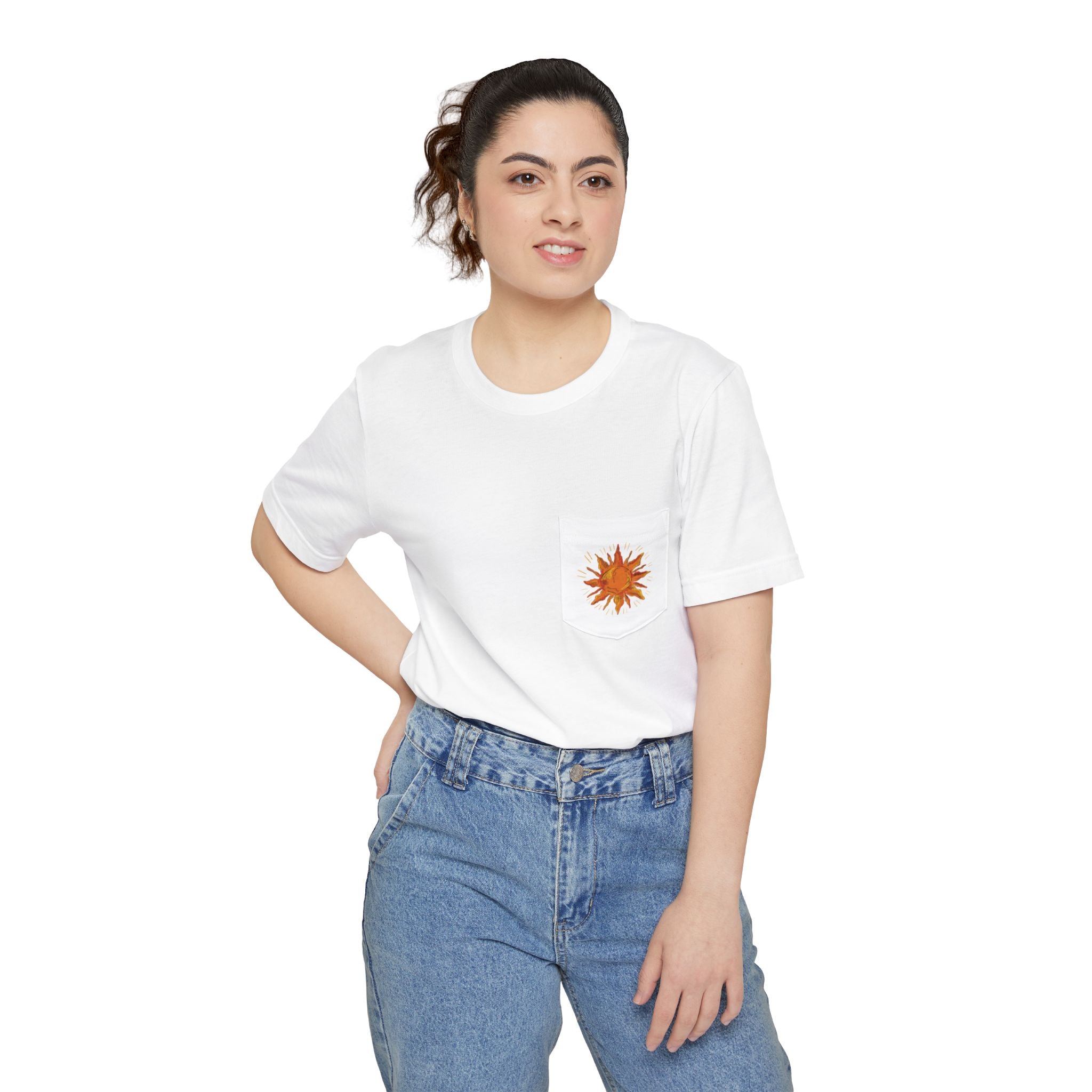 Sunburst Pocket T-Shirt — Retro Orange Sun Graphic Tee