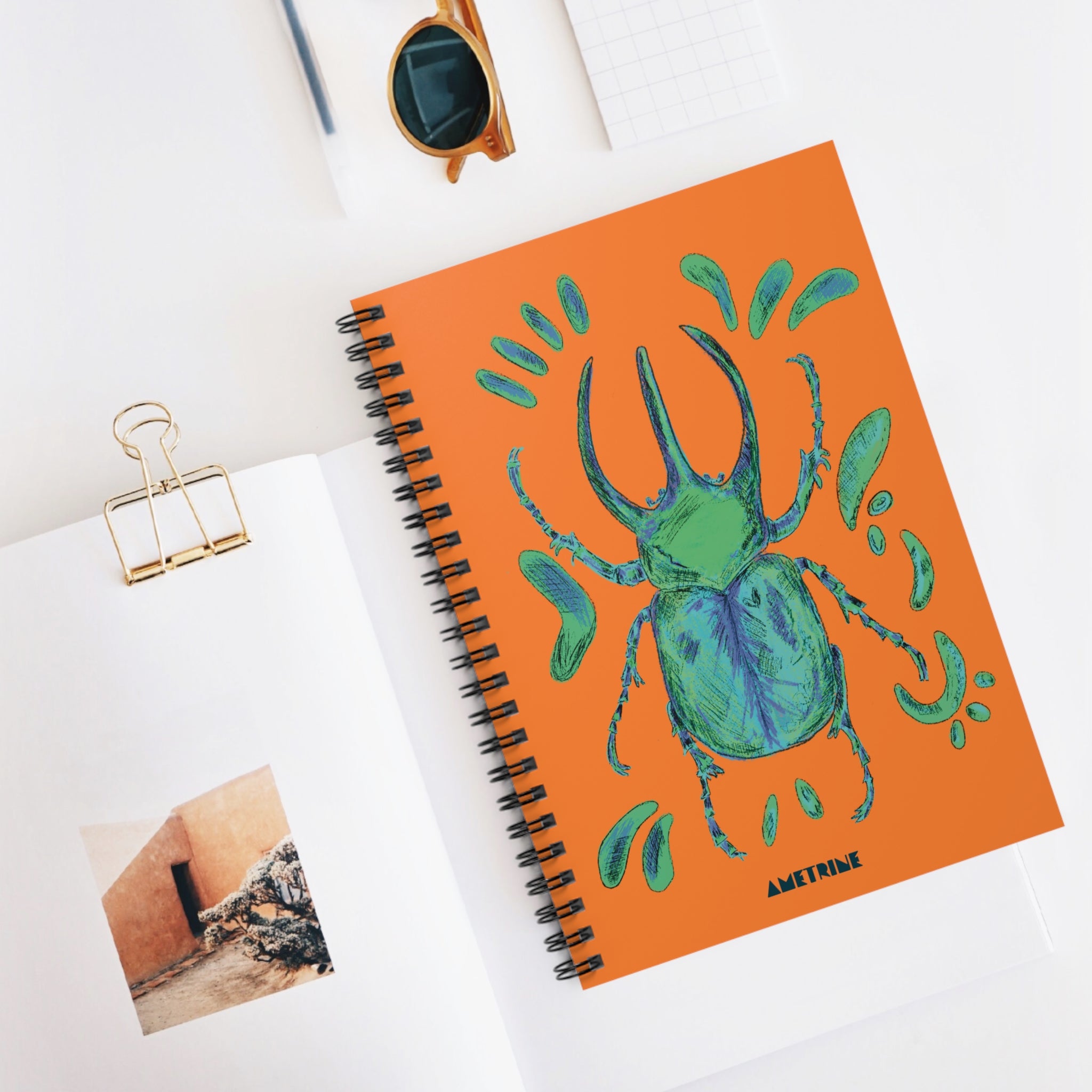 Green Scarab Spiral Notebook — Orange Art Journal, Ruled Lined School Notebook