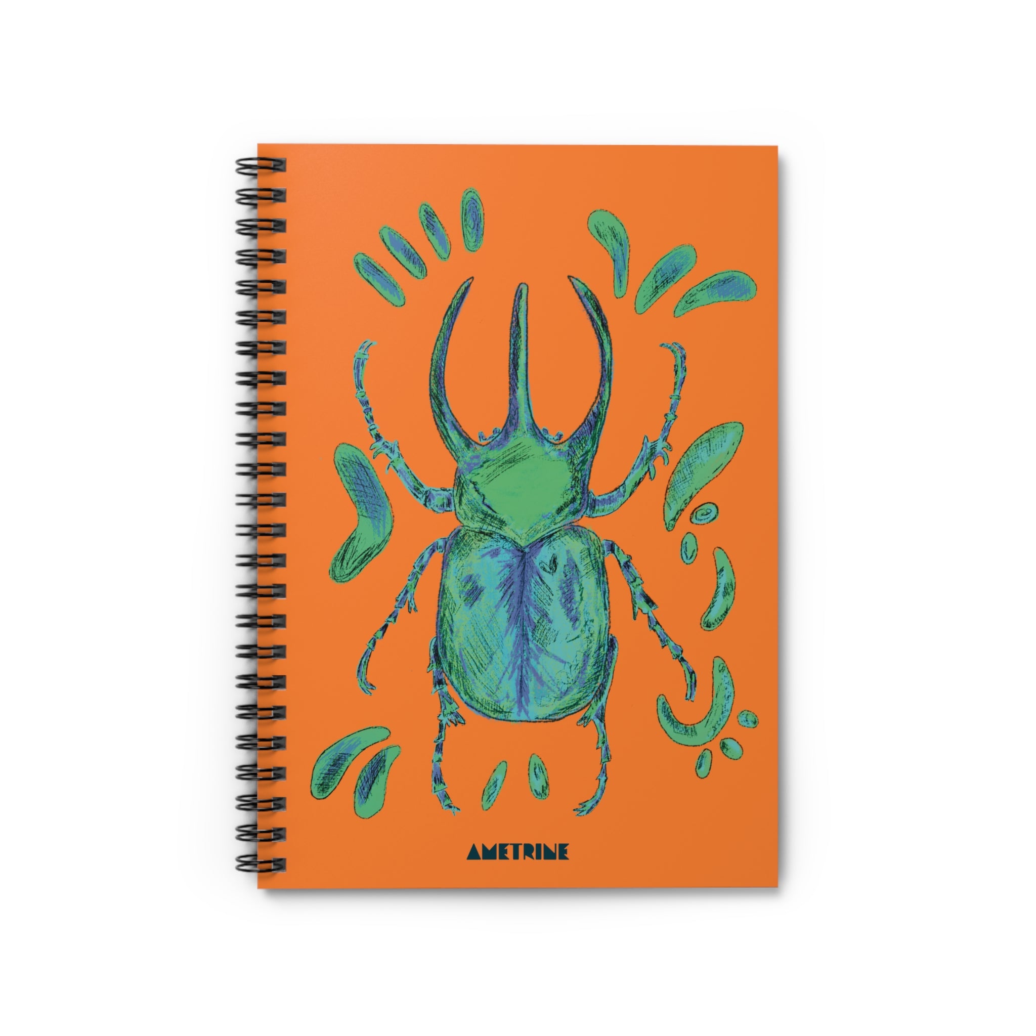 Green Scarab Spiral Notebook — Orange Art Journal, Ruled Lined School Notebook