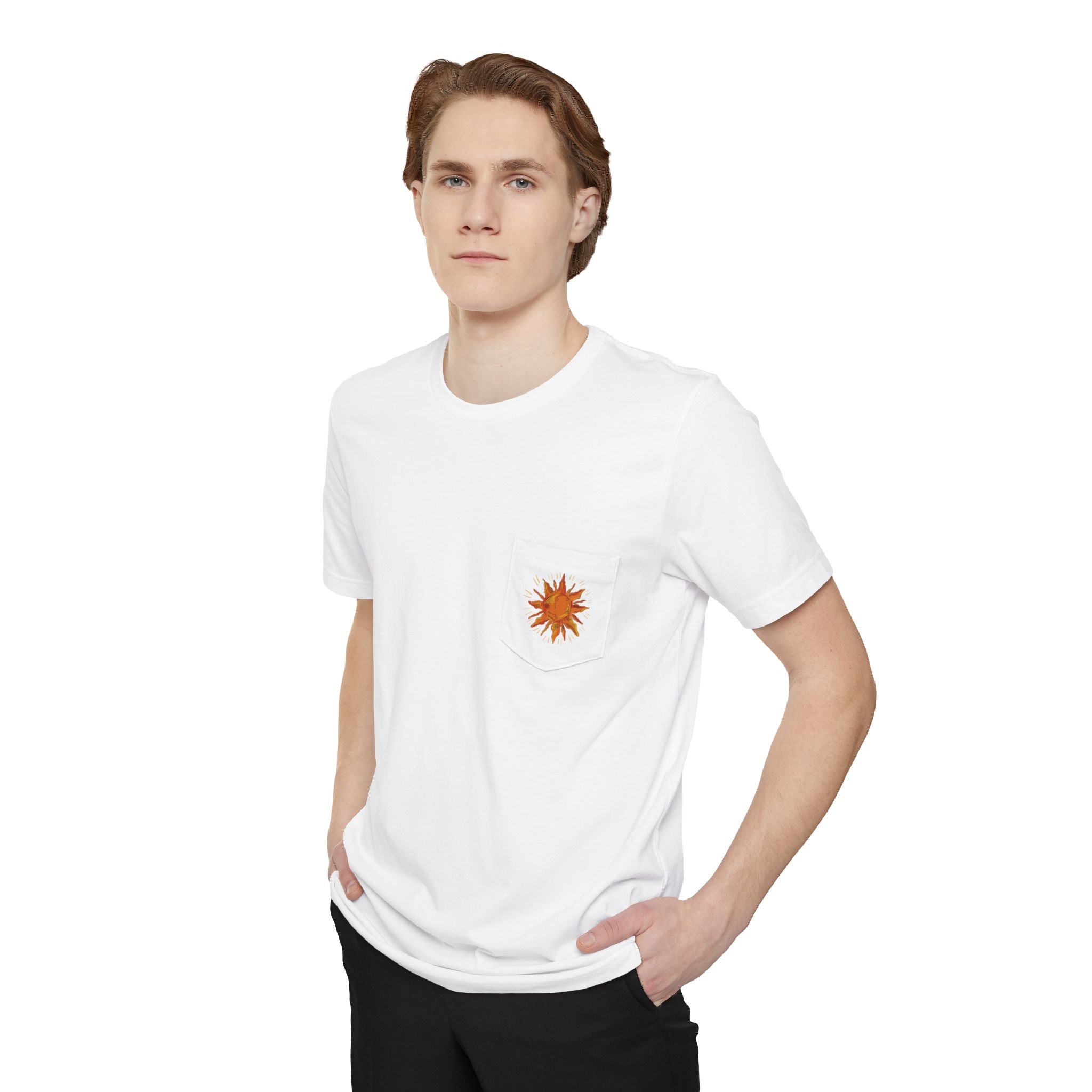 Sunburst Pocket T-Shirt — Retro Orange Sun Graphic Tee