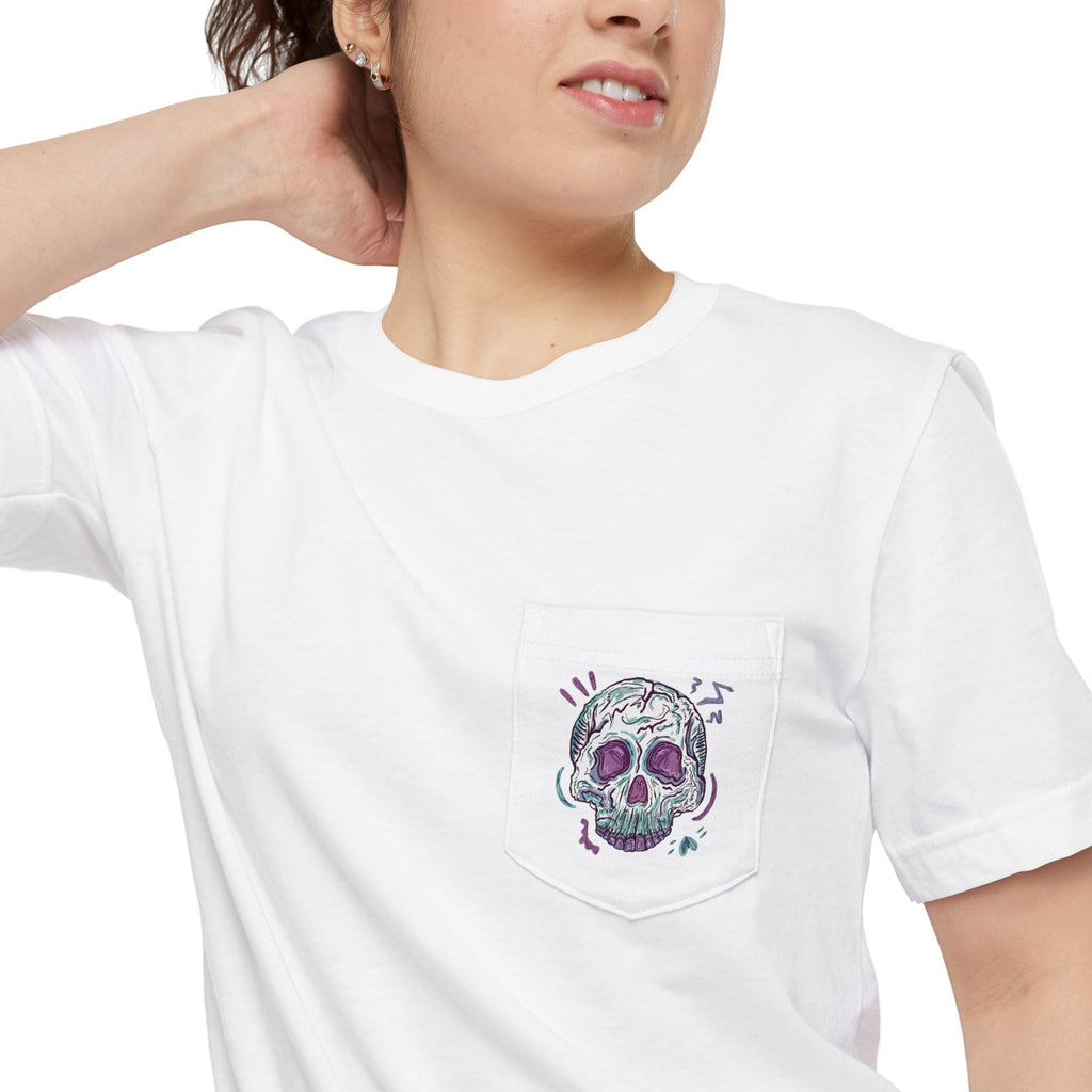Sketched Neon Skull Pocket T‑Shirt — Gothic Streetwear Graphic Tee
