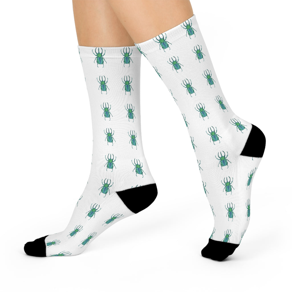 Green Beetle Pattern Cushioned Crew Socks — Fun Insect Crew Socks for Nature Lovers